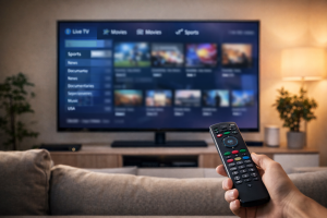 Best IPTV Service 2026 guide: IPTV streaming setup in a living room with a smart TV menu and remote control.