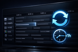 IPTV Smarters EPG Guide showing how to update the TV guide, add an EPG XML URL, and fix time offset in the UK