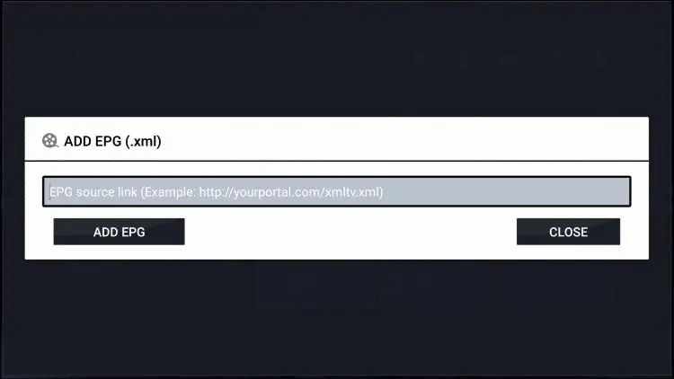 IPTV Smarters Pro EPG setup: EPG source link field for pasting an EPG URL