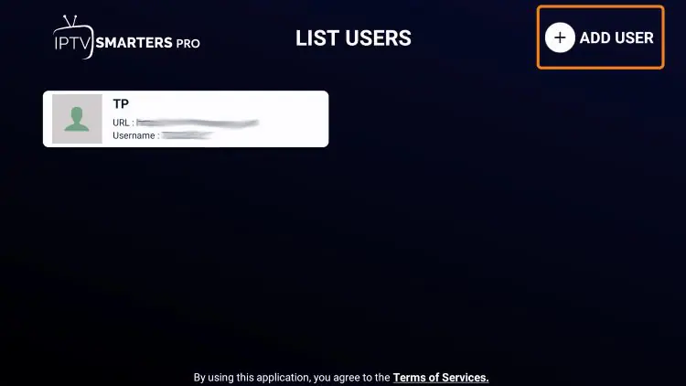 IPTV Smarters Pro features: multiple users screen with Add User option