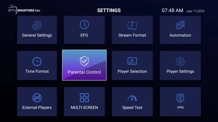IPTV Smarters Pro features: parental control PIN setup screen