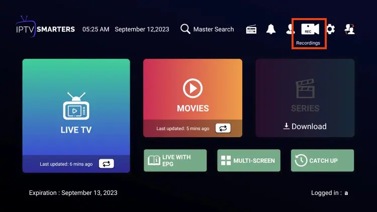 IPTV Smarters Pro features: Recordings menu section