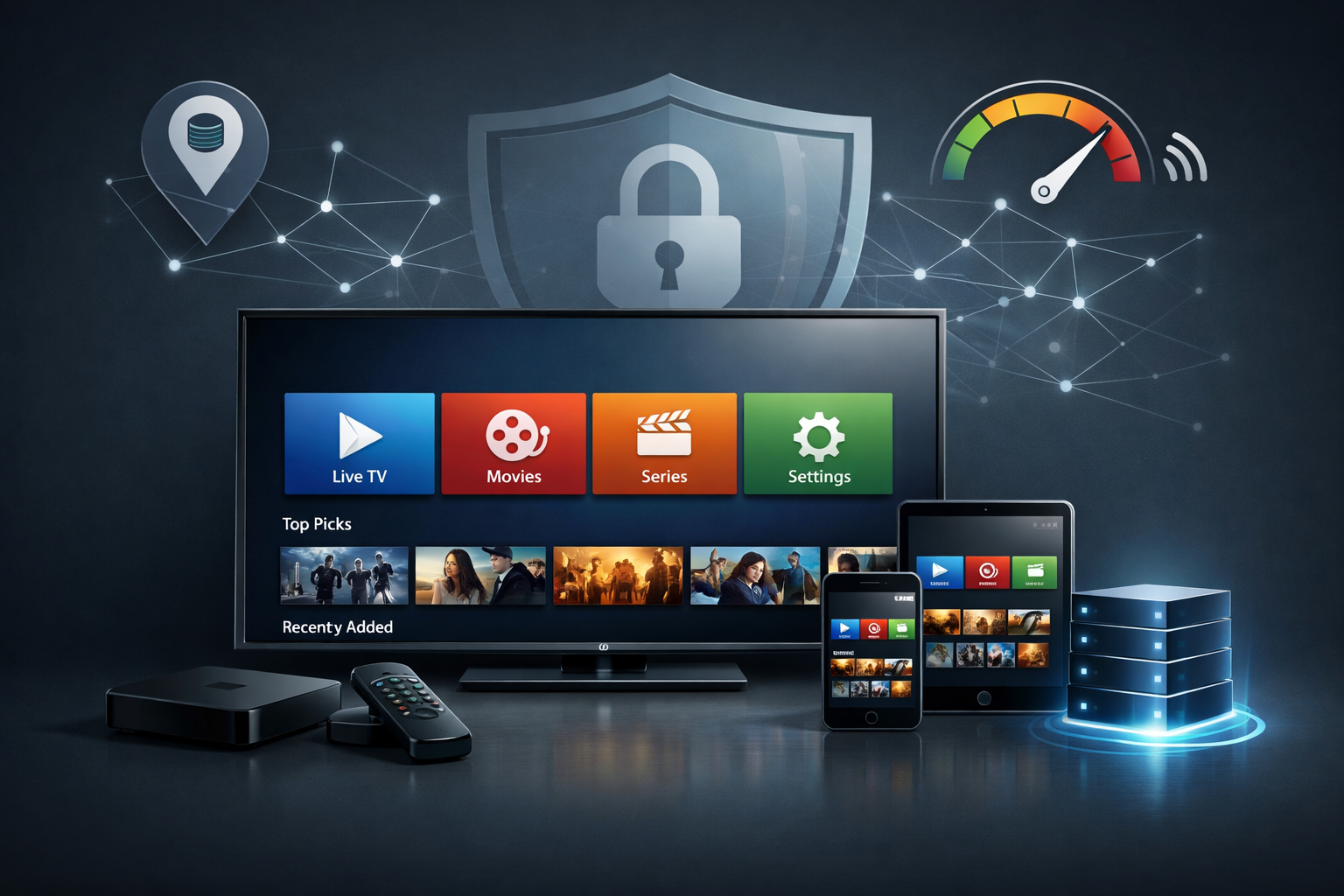 IPTV Smarters VPN Guide showing privacy and performance settings with a nearby UK VPN server for smoother streaming