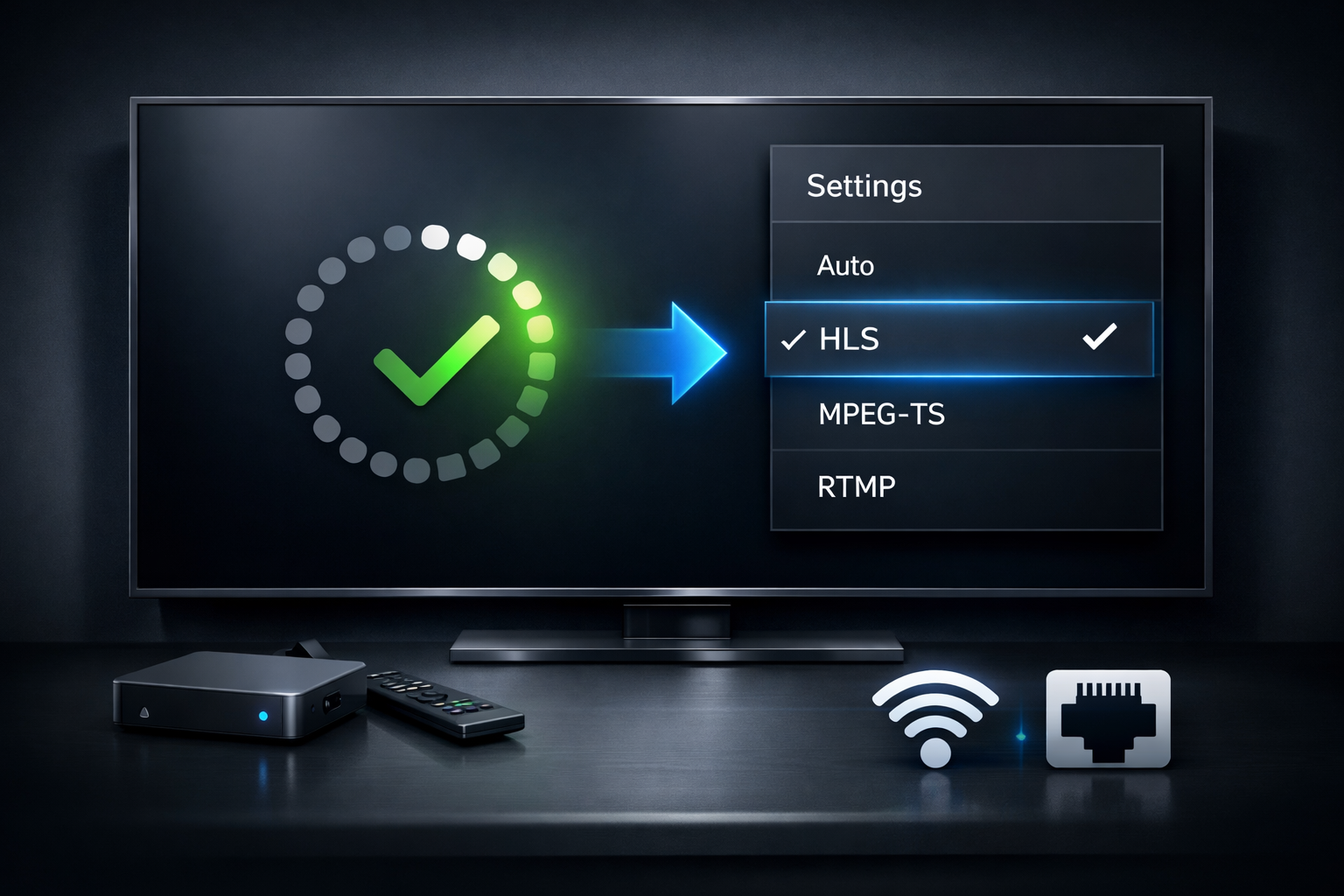 IPTV Smarters buffering fix guide showing player settings, HLS vs MPEGTS streaming format switch, and UK home internet troubleshooting steps