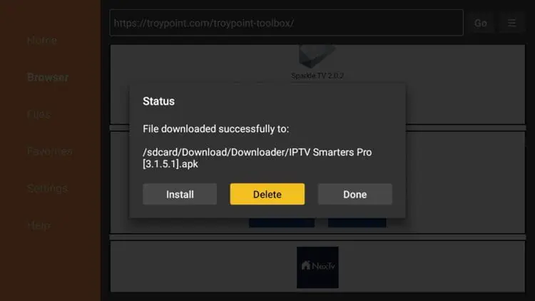 IPTV Smarters Pro on Firestick install step: delete the APK prompt in Downloader