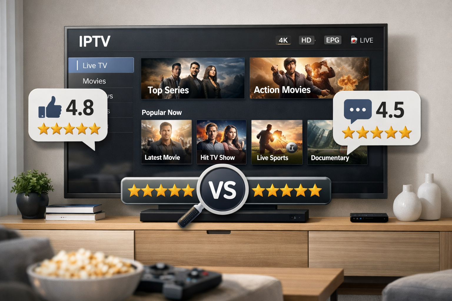 iptv reviews showing star ratings and streaming quality on smart tv and devices
