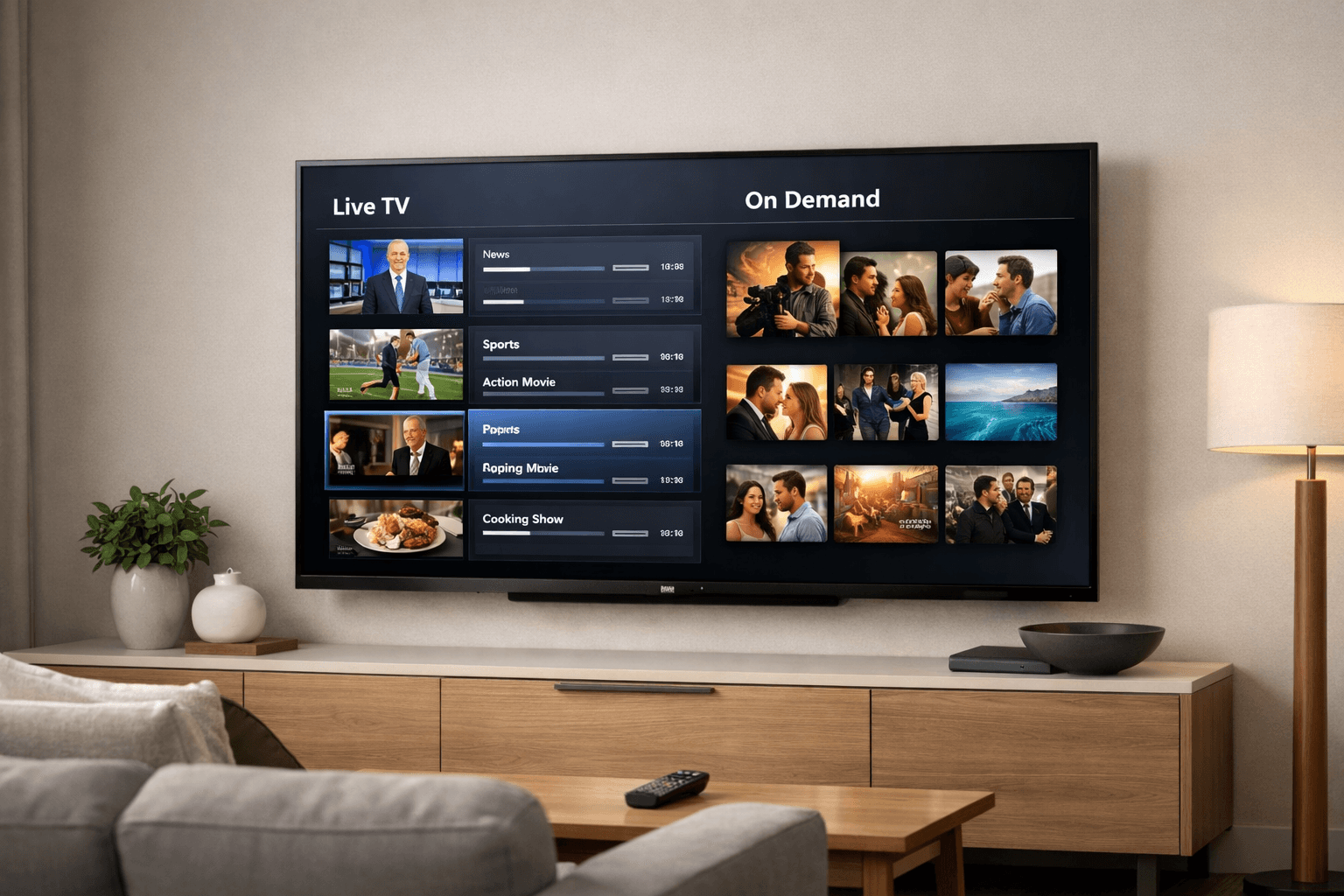 Iptv service interface showing live TV channels and on demand content