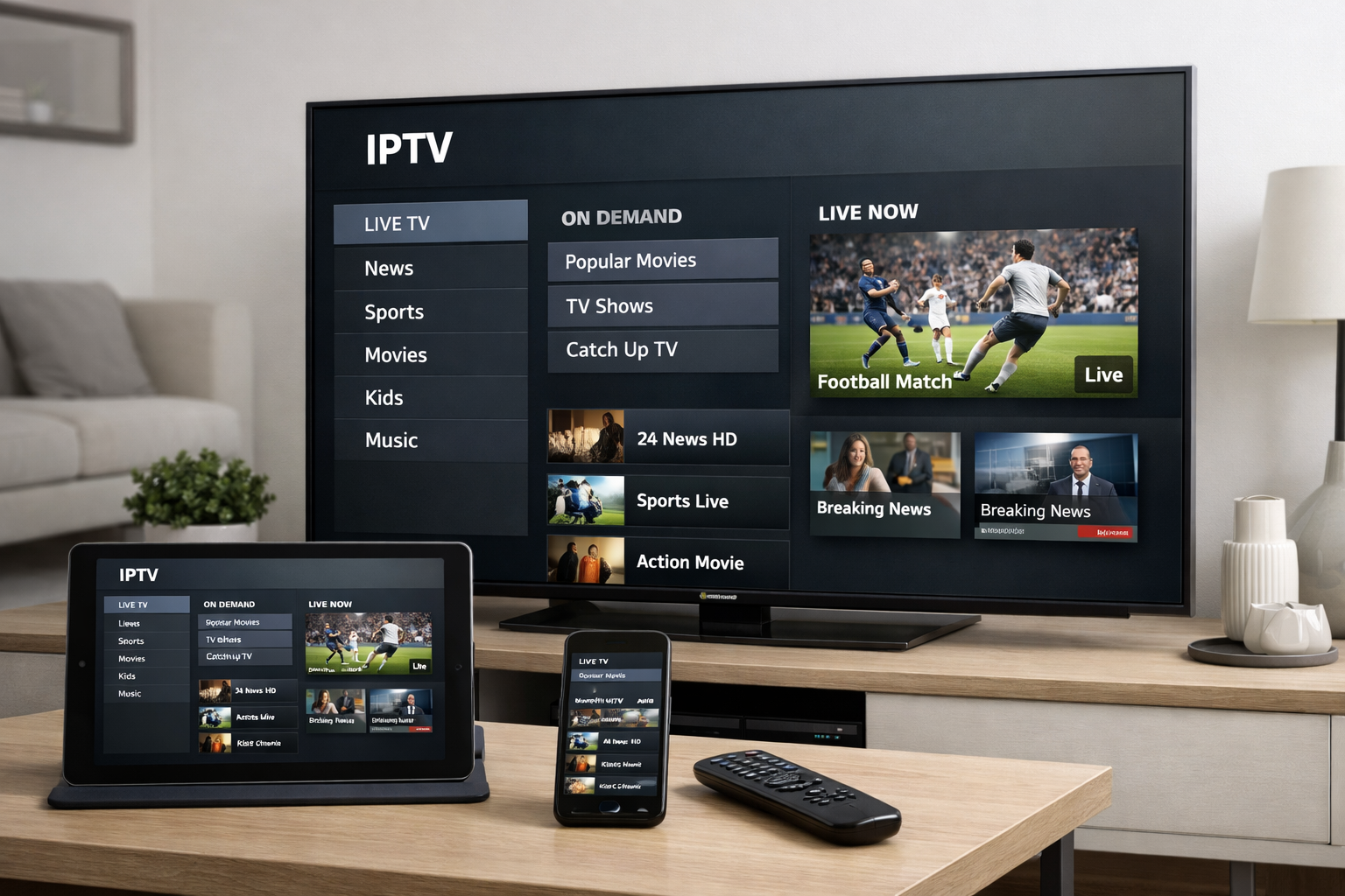 iptv services displayed on smart tv tablet and mobile devices (UK)