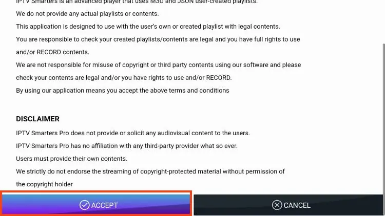 IPTV Smarters Pro setup: disclaimer screen with Accept button