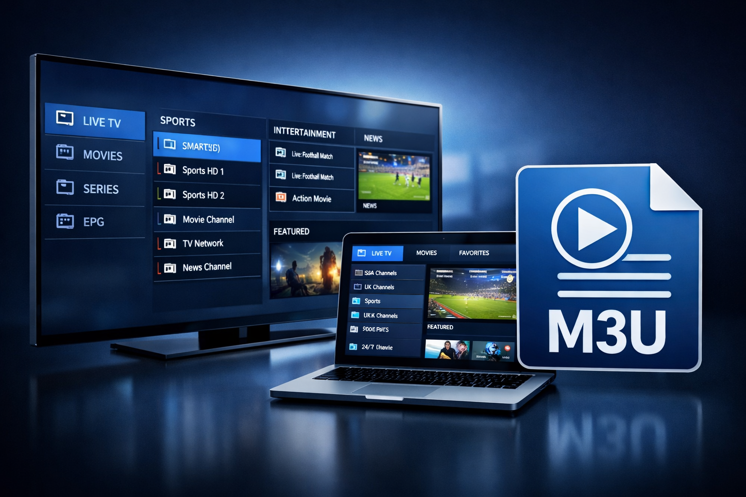 IPTV Smarters M3U Playlist Setup showing how to add an M3U URL and enable the EPG TV guide in the UK