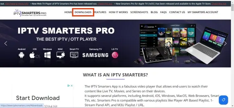 IPTV Smarters Pro Windows install: official downloads page screenshot