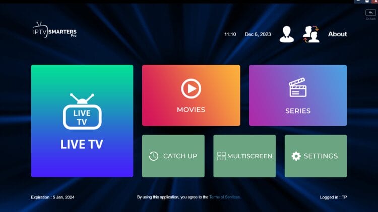 IPTV Smarters Pro on Firestick home screen showing the main menu interface (UK install guide)