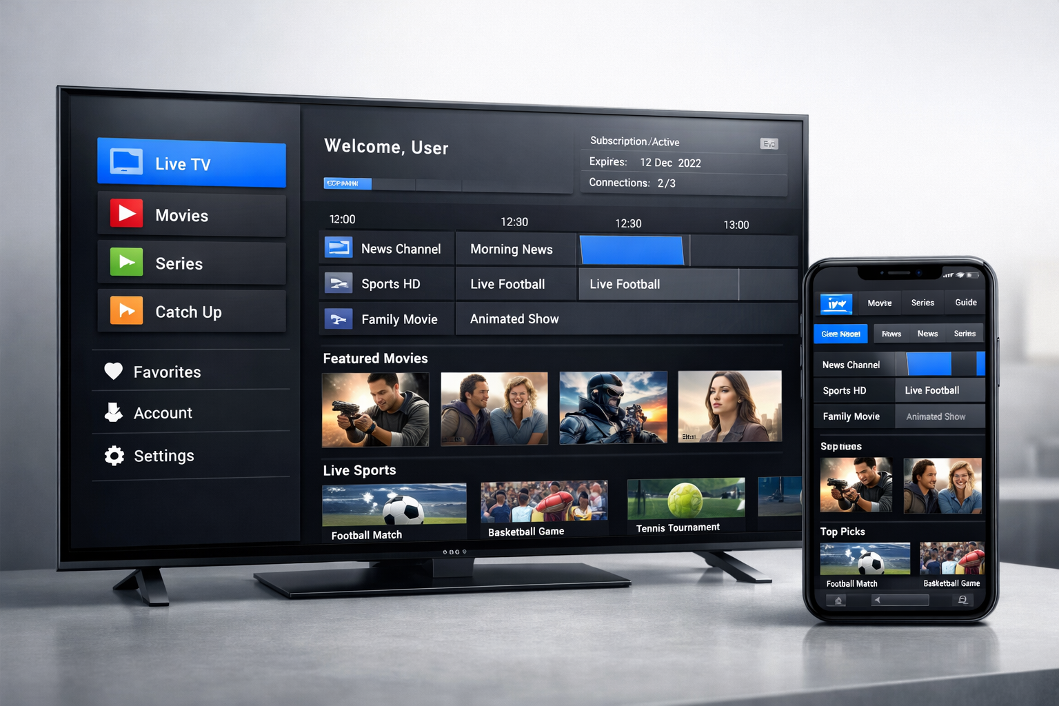 iptv smarters pro subscription interface showing live tv and on-demand content