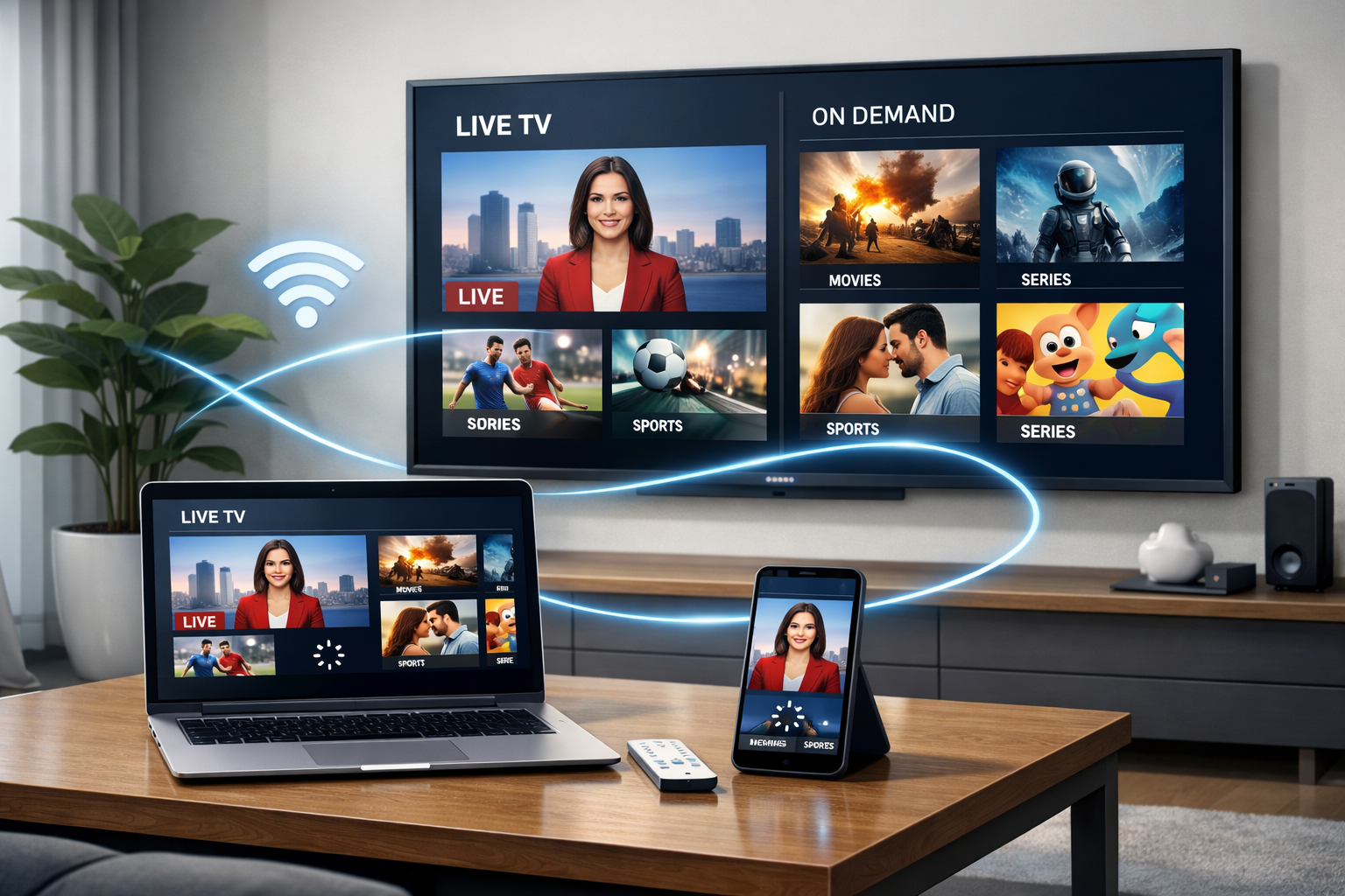 IPTV streaming across a smart TV, laptop, and mobile devices using an internet connection