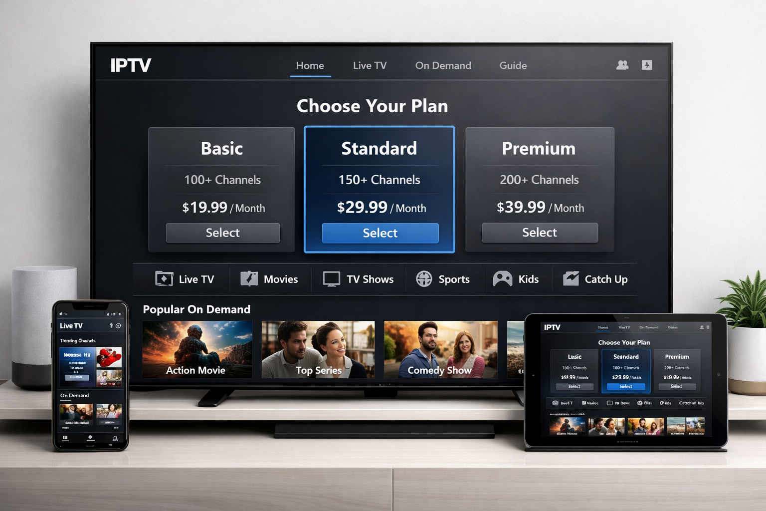 iptv subscription plans displayed on smart tv and mobile streaming app (iptv subscription guide)