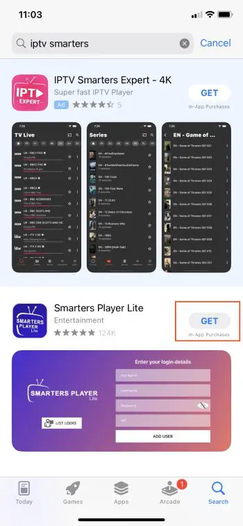 IPTV Smarters Pro iPhone install: App Store listing for Smarters Player Lite (UK)